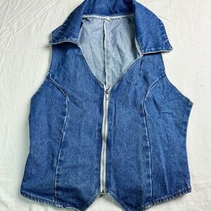 💙 Vintage Denim Zip Front Vest Western Boho 90’s Collared Tie Back Small Y2K 💙